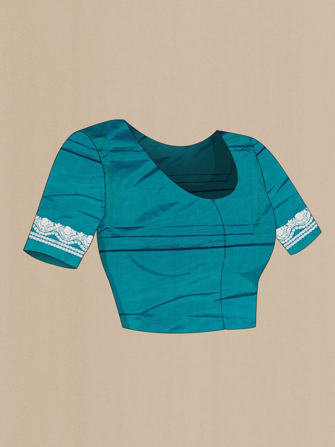 Close up image of the blouse of Peacock Blue Dual Tone Blended Banarasi Saree with Zari Butta on the body and Zari Border. 