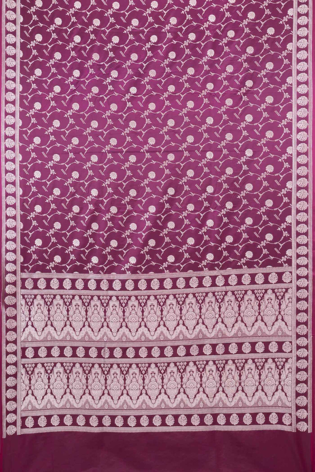 Flat view of Magenta Dual Tone Blended Banarasi Saree with Zari Brocade on the body and Zari Border. 