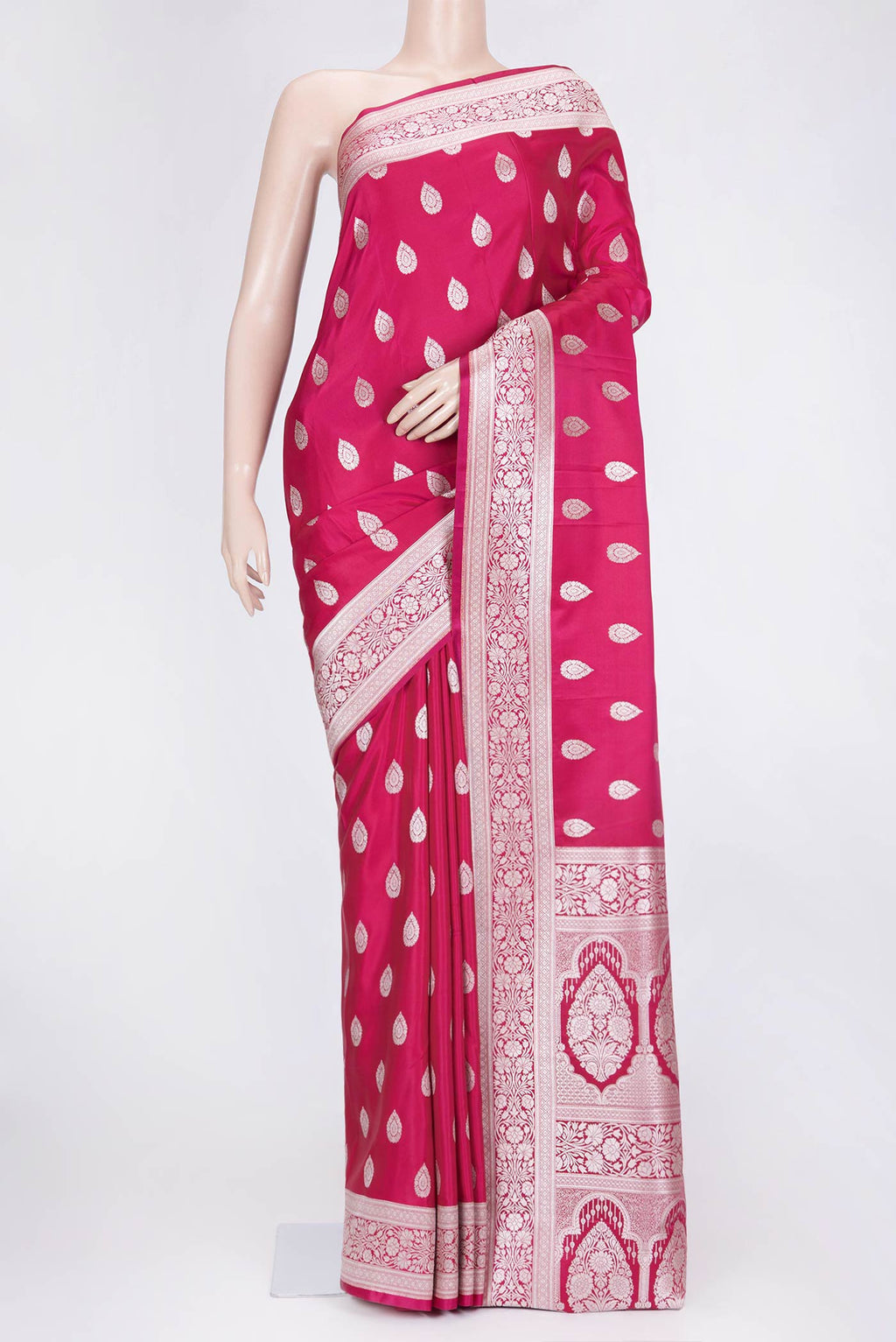 Dark Pink Dual Tone Blended Banarasi Saree with Zari Butta on the body and Zari Border.  displayed on a mannequin