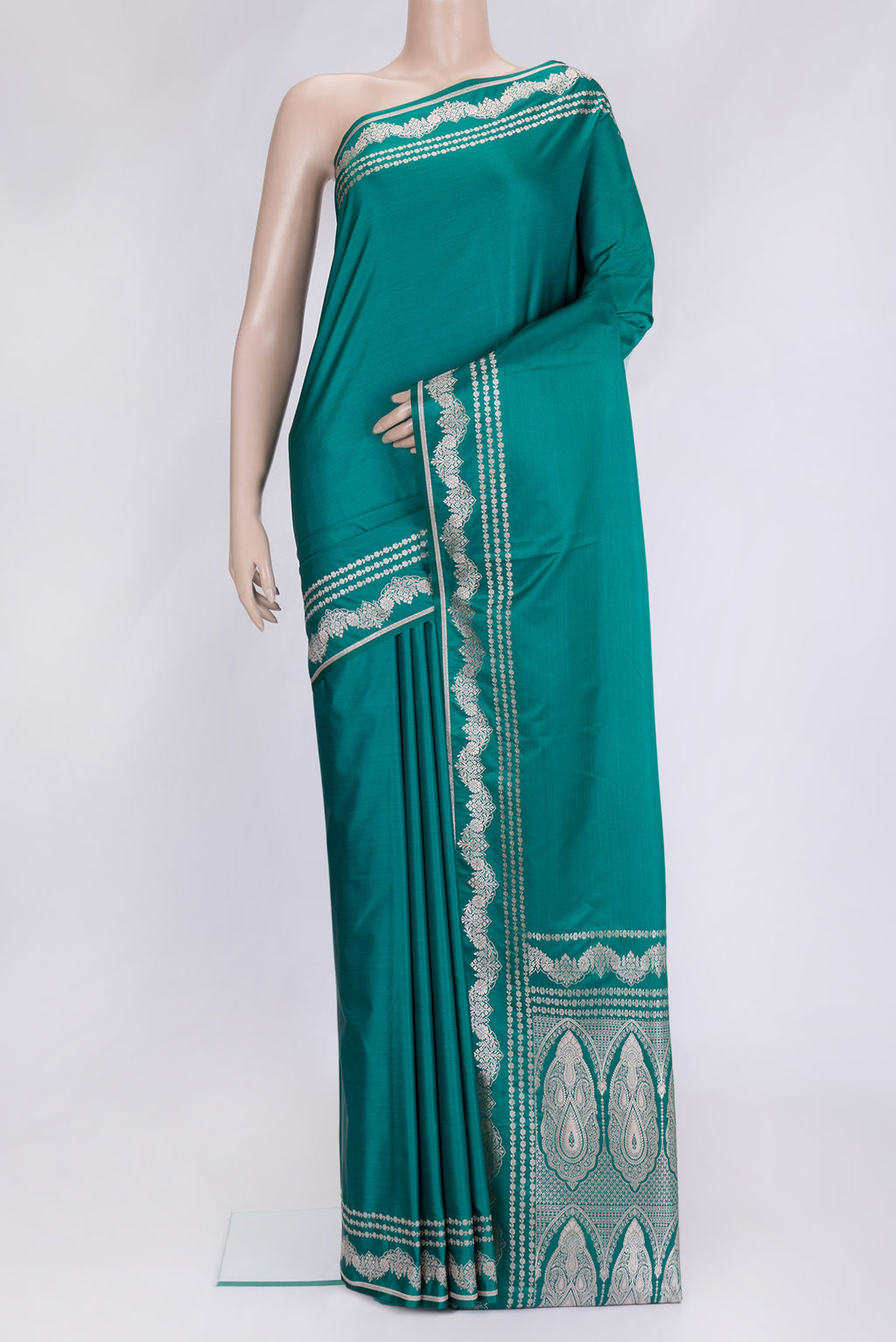 Green Dual Tone Blended Banarasi Silk Saree with Plain Body and Zari Border.  displayed on a mannequin