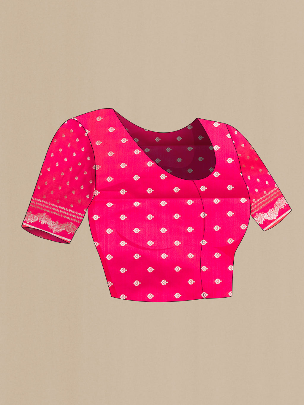 Close up image of the blouse of Pink Blended Banarasi Silk Saree with Plain Body and Fancy Border. 