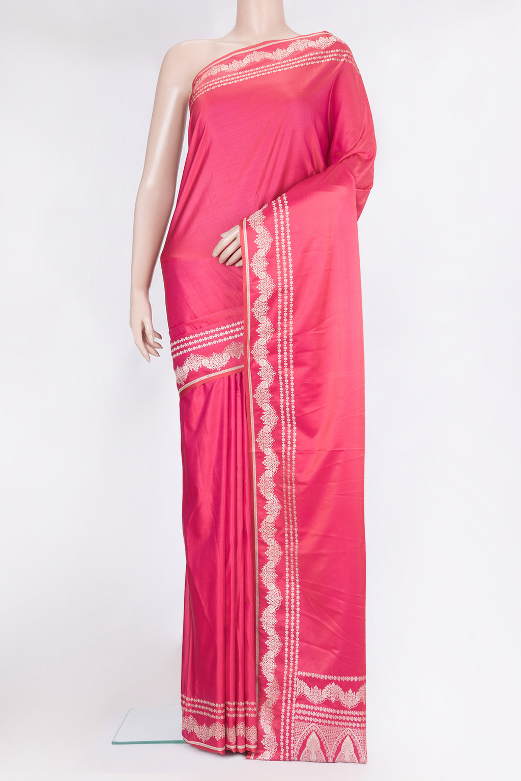 Pink Blended Banarasi Silk Saree with Plain Body and Fancy Border.  displayed on a mannequin