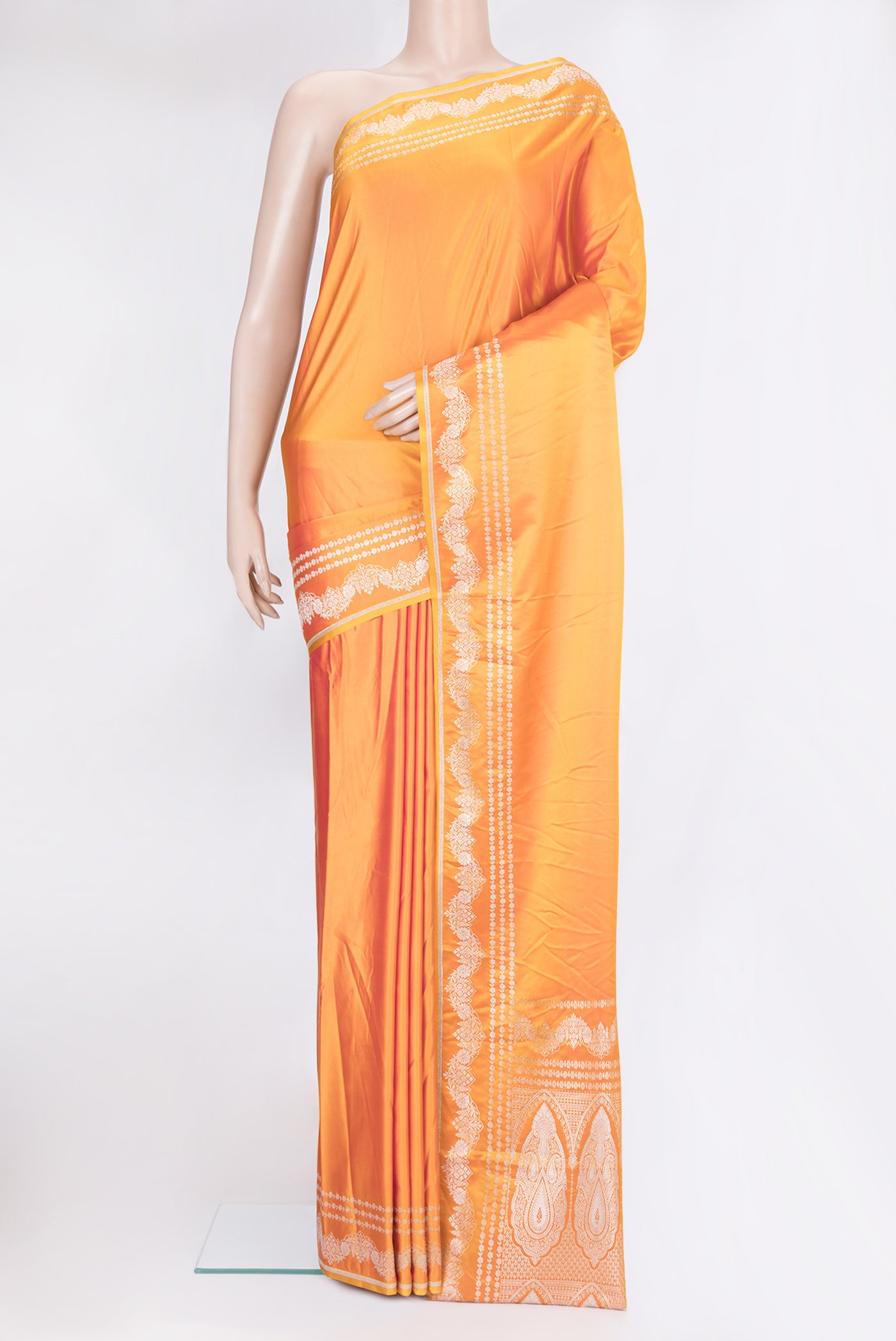 Mustard Dual Tone Blended Banarasi Silk Saree with Plain Body and Fancy Border.  displayed on a mannequin