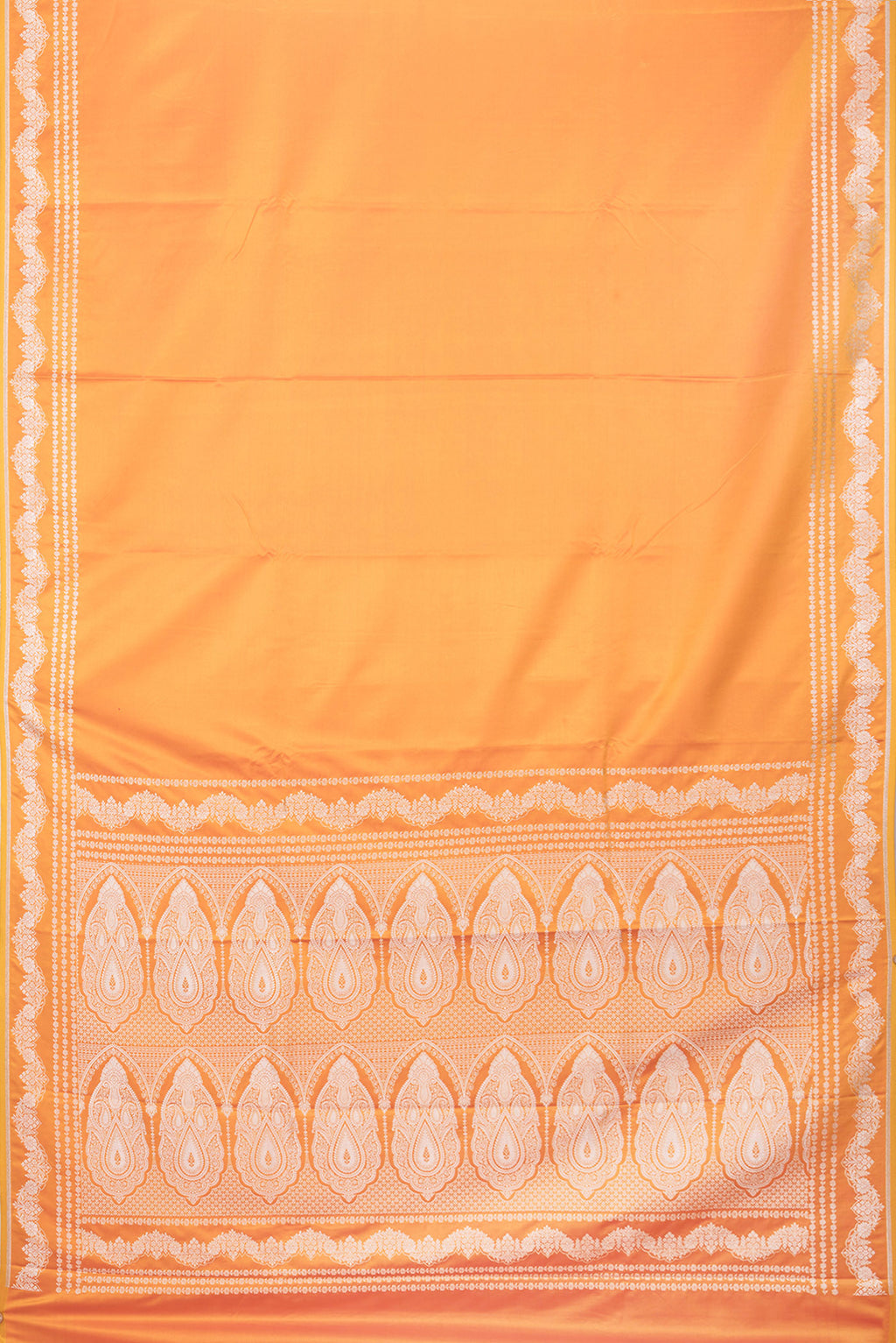 Flat view of Mustard Dual Tone Blended Banarasi Silk Saree with Plain Body and Fancy Border. 