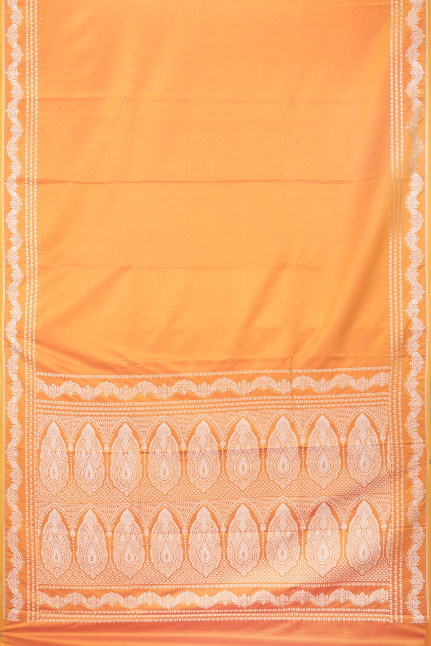 Flat view of Mustard Dual Tone Blended Banarasi Silk Saree with Plain Body and Fancy Border. 