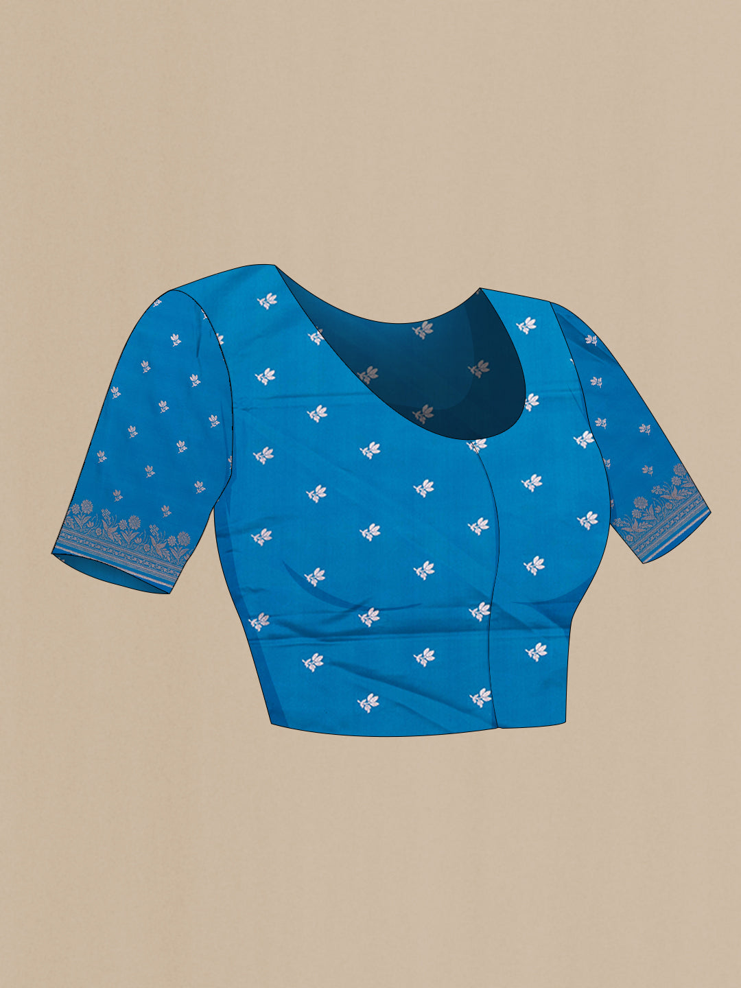 Close up image of the blouse of Sky Blue Blended Banarasi Silk Saree with Plain Body and Zari Border. 