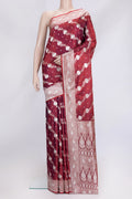Maroon Dual Tone Blended Banarasi Silk Saree with Zari Brocade on the body and Zari Border.  displayed on a mannequin