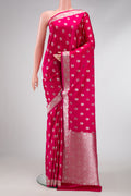 Dark Pink Dual Tone Blended Banarasi Silk Saree with Zari Butta on the body and Zari Border.  displayed on a mannequin