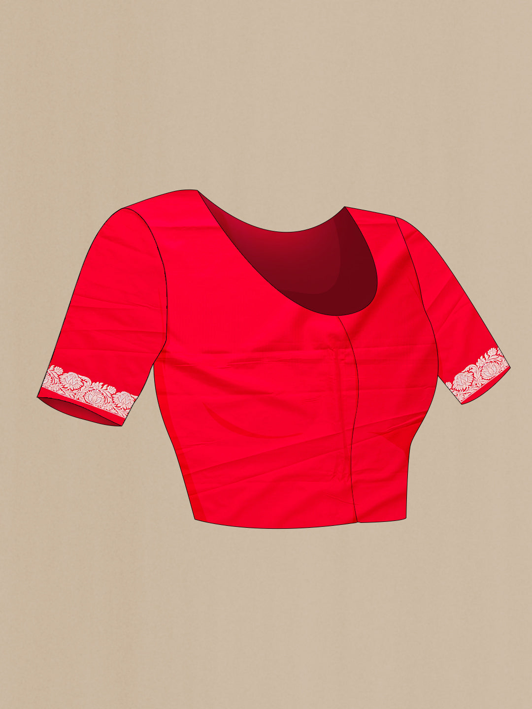 Close up image of the blouse of Red Dual Tone Blended Banarasi Silk Saree with Zari Butta on the body and Zari Border. 