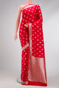 Red Dual Tone Blended Banarasi Silk Saree with Zari Butta on the body and Zari Border.  displayed on a mannequin