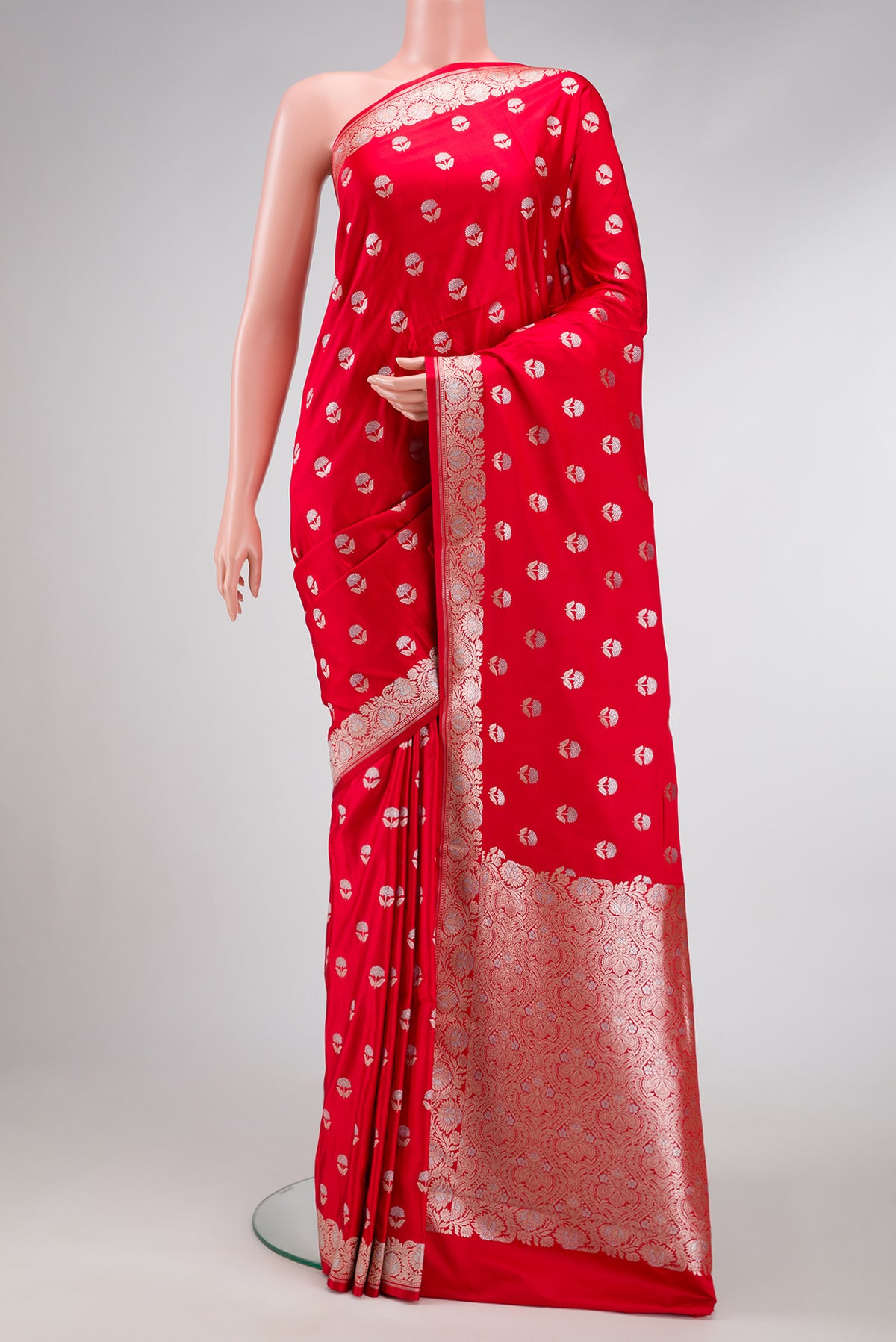 Red Dual Tone Blended Banarasi Silk Saree with Zari Butta on the body and Zari Border.  displayed on a mannequin