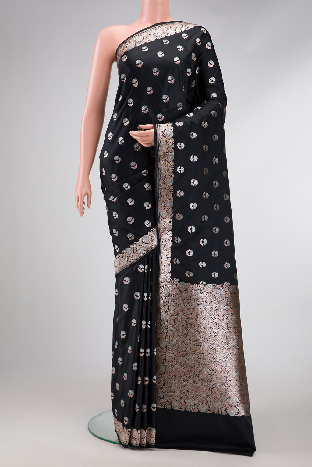 Black Dual Tone Blended Banarasi Silk Saree with Zari Butta on the body and Zari Border.  displayed on a mannequin