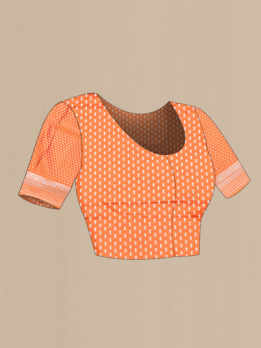 Close up image of the blouse of Orange Blended Banarasi Silk Saree with Plain Body and Zari Border. 