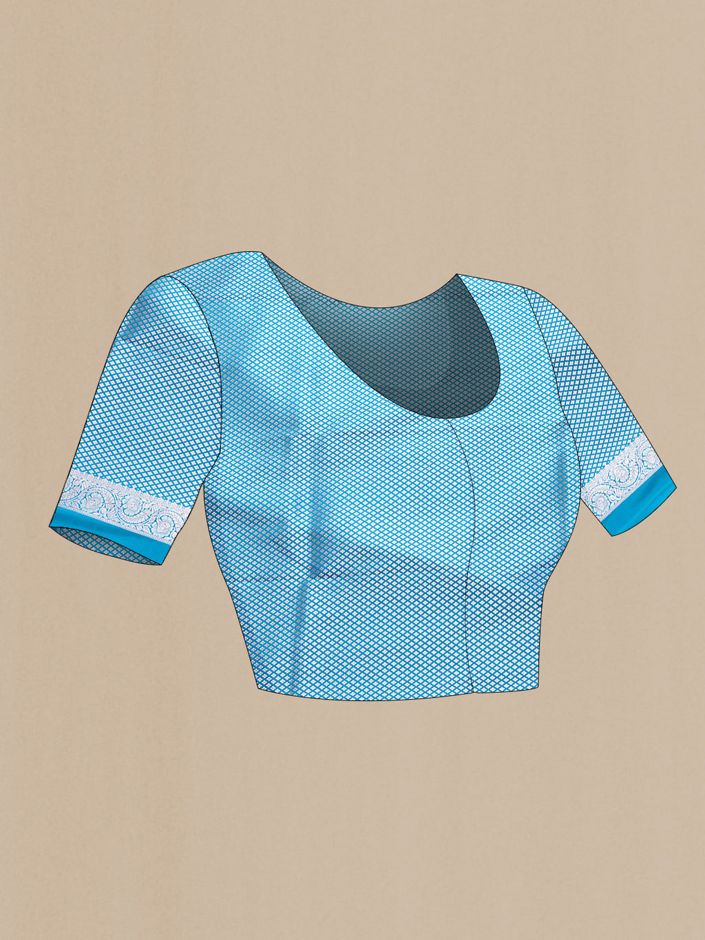 Close up image of the blouse of Sky Blue Dual Tone Banarasi Silk Saree with Plain Body and Zari Border. 