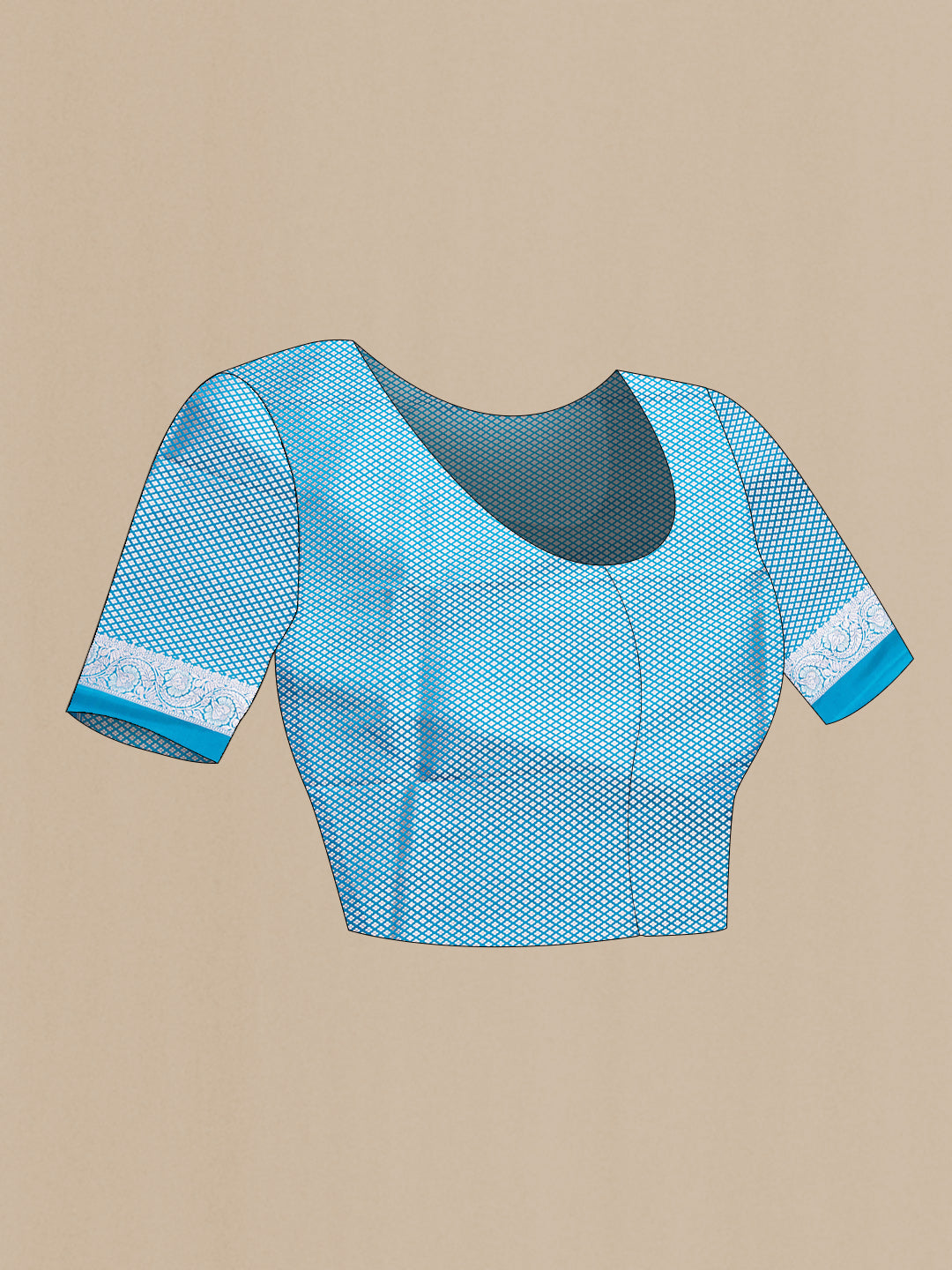 Close up image of the blouse of Sky Blue Dual Tone Banarasi Silk Saree with Plain Body and Zari Border. 