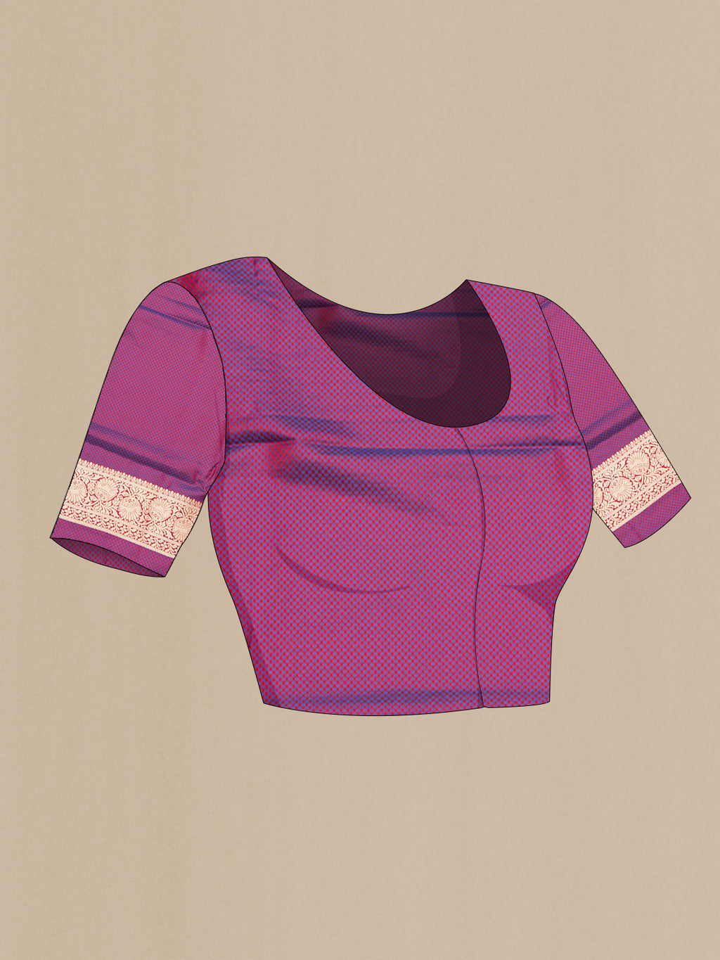 Close up image of the blouse of Maroon Blended Banarasi Silk Saree with Zari And Thread Butta on the body and Zari Border. 