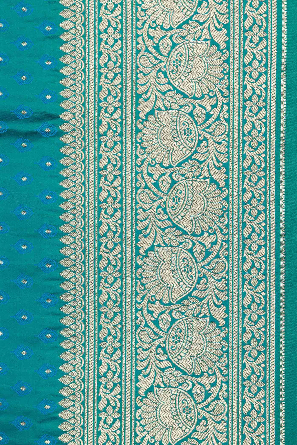 Border image of Peacock Blue Dual Tone Blended Banarasi Saree with Zari And Thread Butta on the body and Zari Border. 