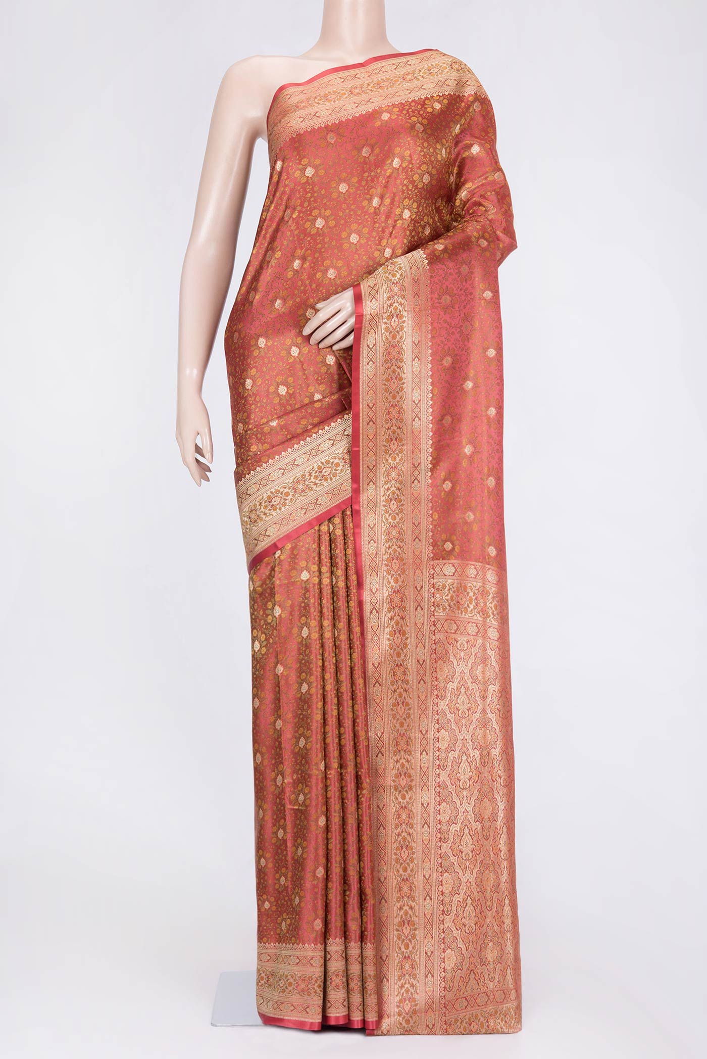 Peach Dual Tone Blended Banarasi Saree with Jacquard With Zari Butta on the body and Zari Border.  displayed on a mannequin