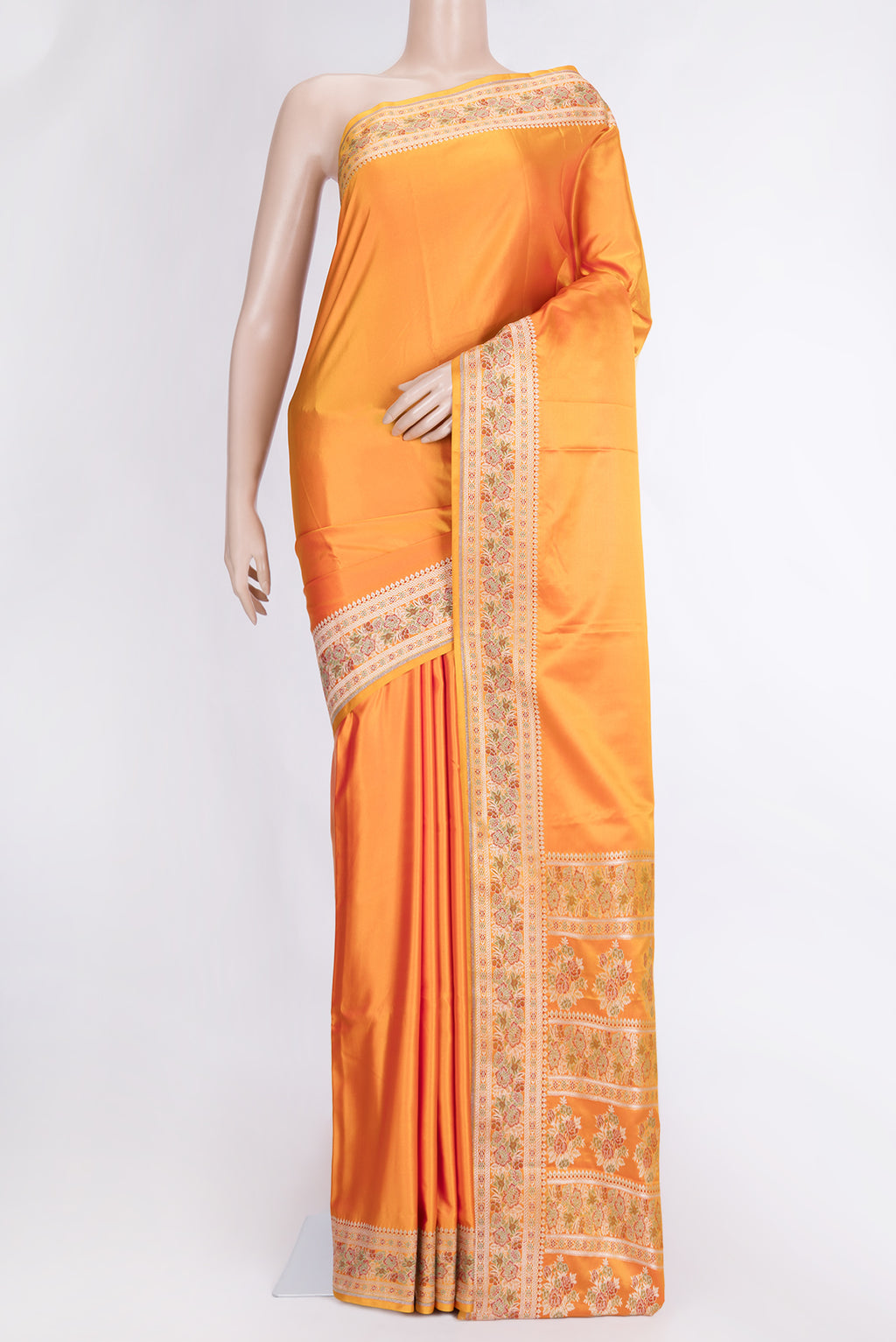 Yellow Dual Tone Banarasi Silk Saree with Plain Body and Fancy Border.  displayed on a mannequin