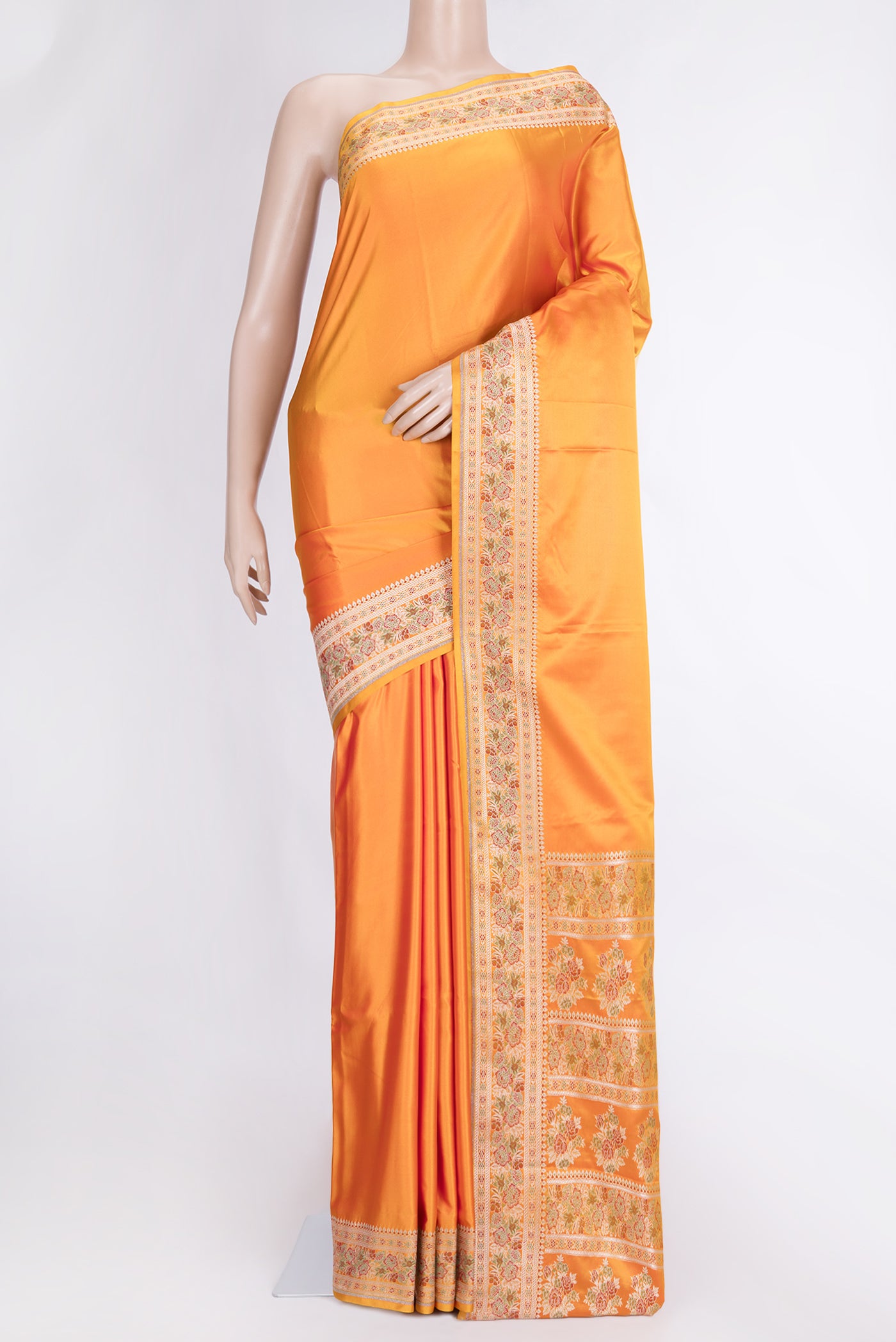 Yellow Dual Tone Banarasi Silk Saree with Plain Body and Fancy Border.  displayed on a mannequin