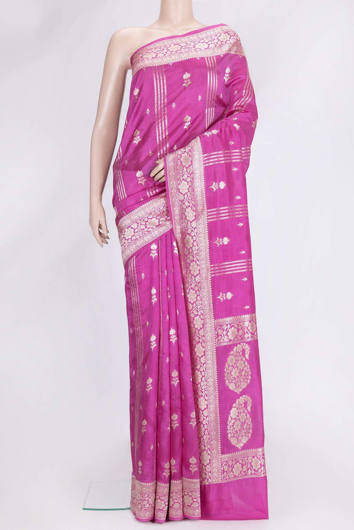 Pink Dual Tone Tussar Silk Saree with Zari Butta on the body and Zari Border.  displayed on a mannequin