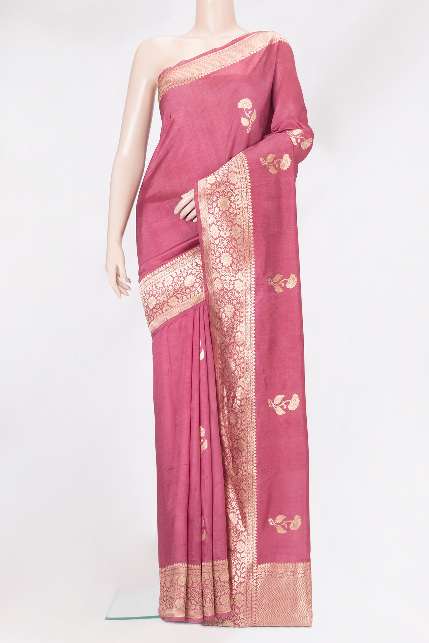 Pink Dual Tone Tussar Silk Saree with Zari Butta on the body and Zari Border.  displayed on a mannequin