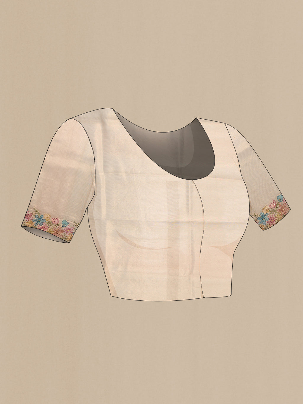 Close up image of the blouse of Beige Dual Tone Blended Organza Silk Saree with Embroidery on the body and Embroidery Border. 