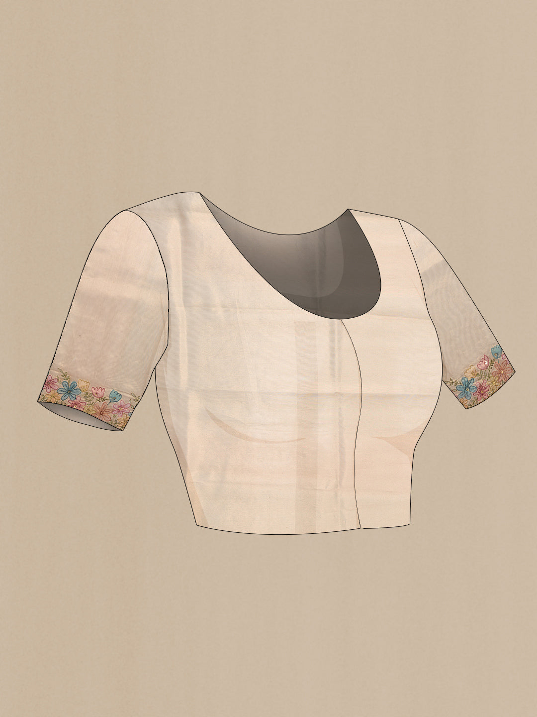 Close up image of the blouse of Beige Dual Tone Blended Organza Silk Saree with Embroidery on the body and Embroidery Border. 