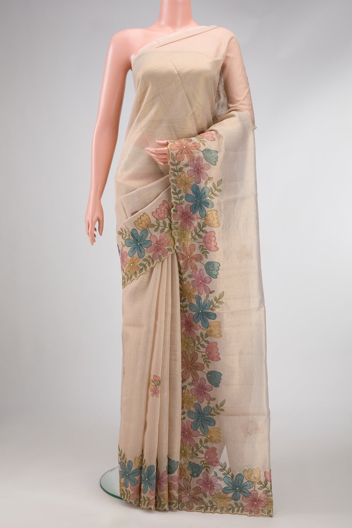 Beige Dual Tone Blended Organza Silk Saree with Embroidery on the body and Embroidery Border.  displayed on a mannequin