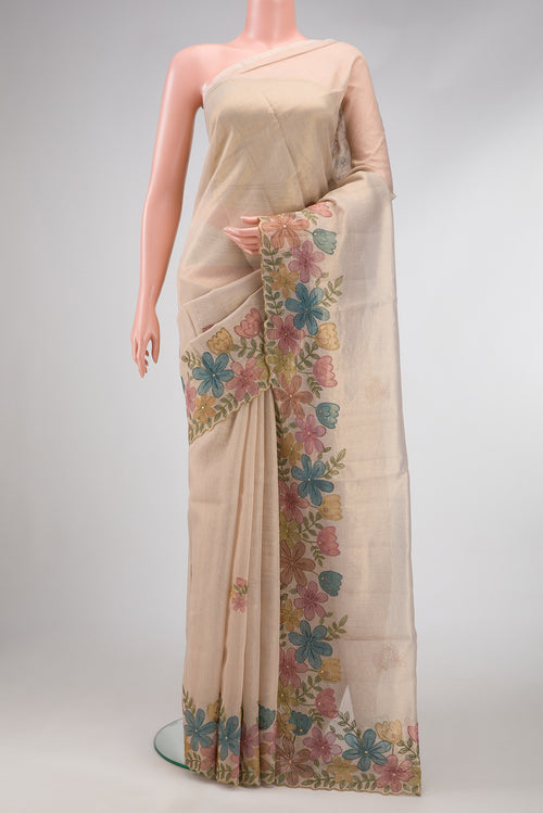 Beige Dual Tone Blended Organza Silk Saree with Embroidery on the body and Embroidery Border.  displayed on a mannequin