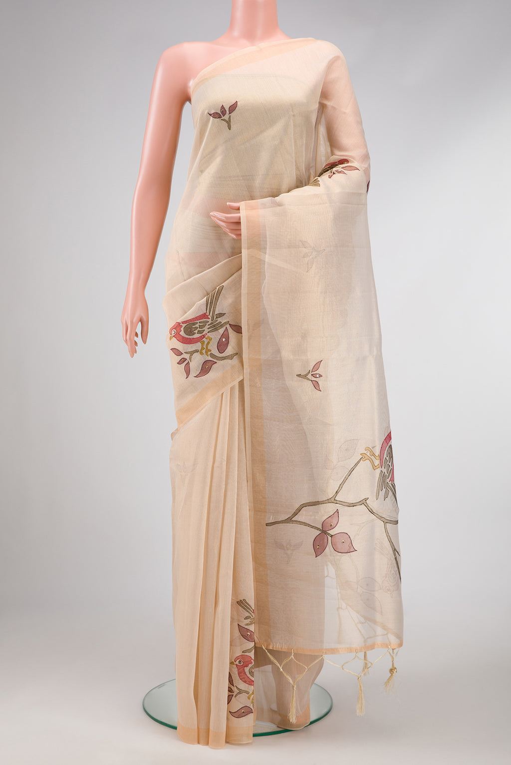 Beige Dual Tone Blended Organza Silk Saree with Embroidery on the body and Embroidery Border.  displayed on a mannequin