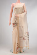 Beige Dual Tone Blended Organza Silk Saree with Embroidery on the body and Embroidery Border.  displayed on a mannequin