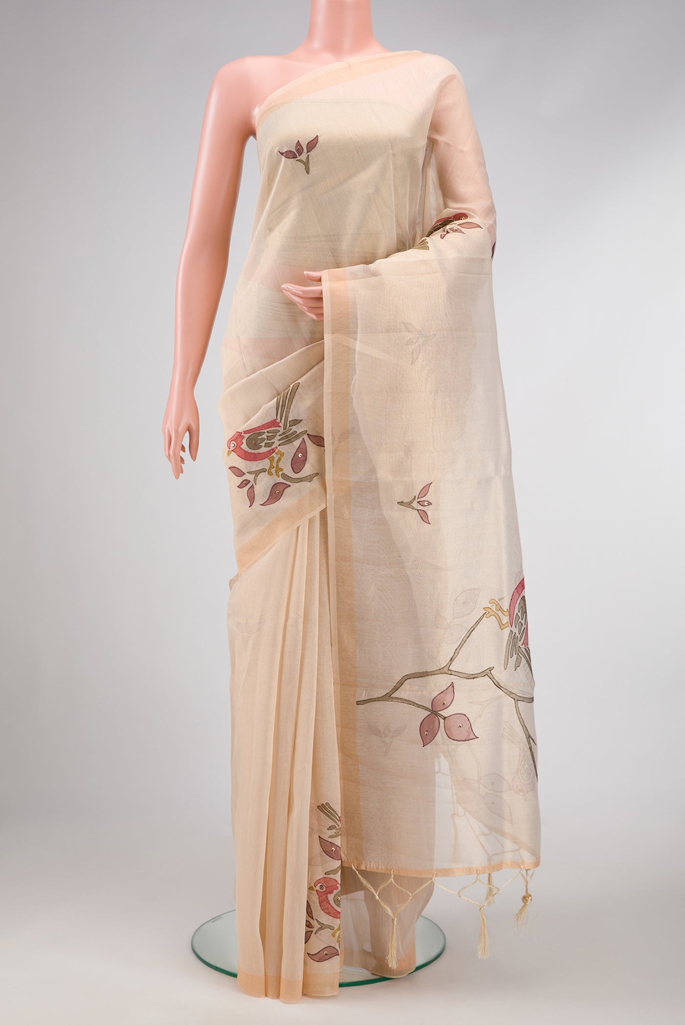 Beige Dual Tone Blended Organza Silk Saree with Embroidery on the body and Embroidery Border.  displayed on a mannequin