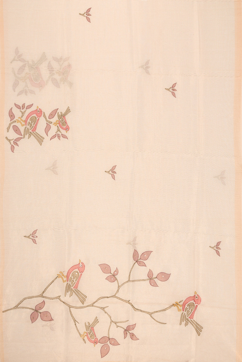 Flat view of Beige Dual Tone Blended Organza Silk Saree with Embroidery on the body and Embroidery Border. 