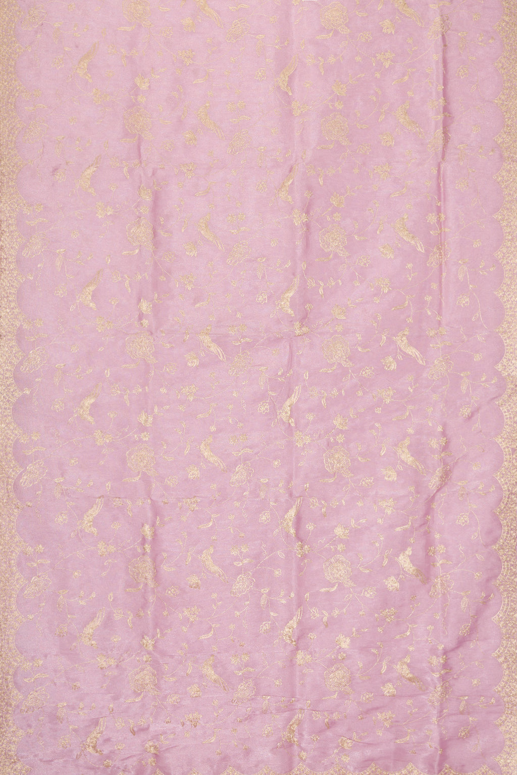Flat view of Lavender Dual Tone Blended Organza Silk Saree with Embroidery on the body and Embroidery Border. 