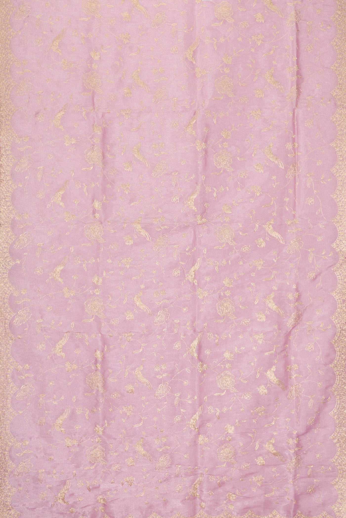 Flat view of Lavender Dual Tone Blended Organza Silk Saree with Embroidery on the body and Embroidery Border. 