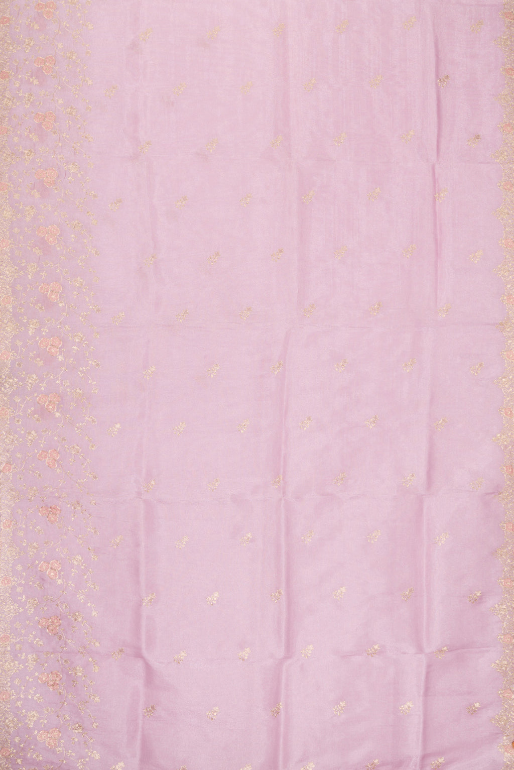 Flat view of Lavender Dual Tone Blended Organza Silk Saree with Embroidery on the body and Embroidery Border. 