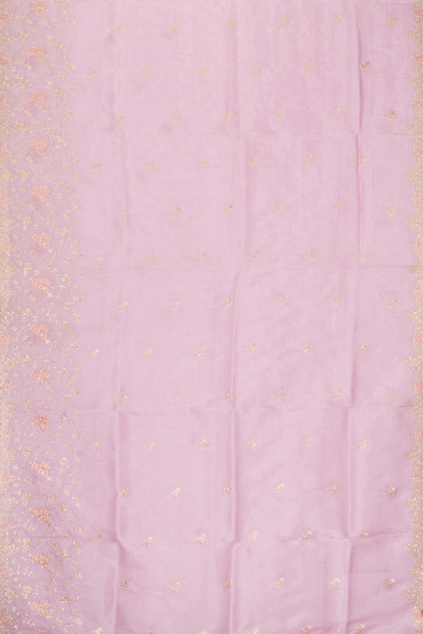 Flat view of Lavender Dual Tone Blended Organza Silk Saree with Embroidery on the body and Embroidery Border. 