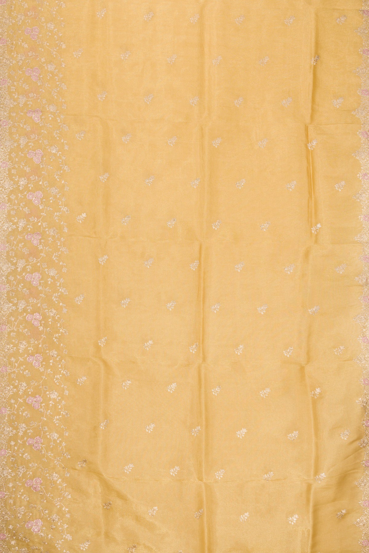 Flat view of Gold Dual Tone Blended Organza Silk Saree with Embroidery on the body and Embroidery Border. 