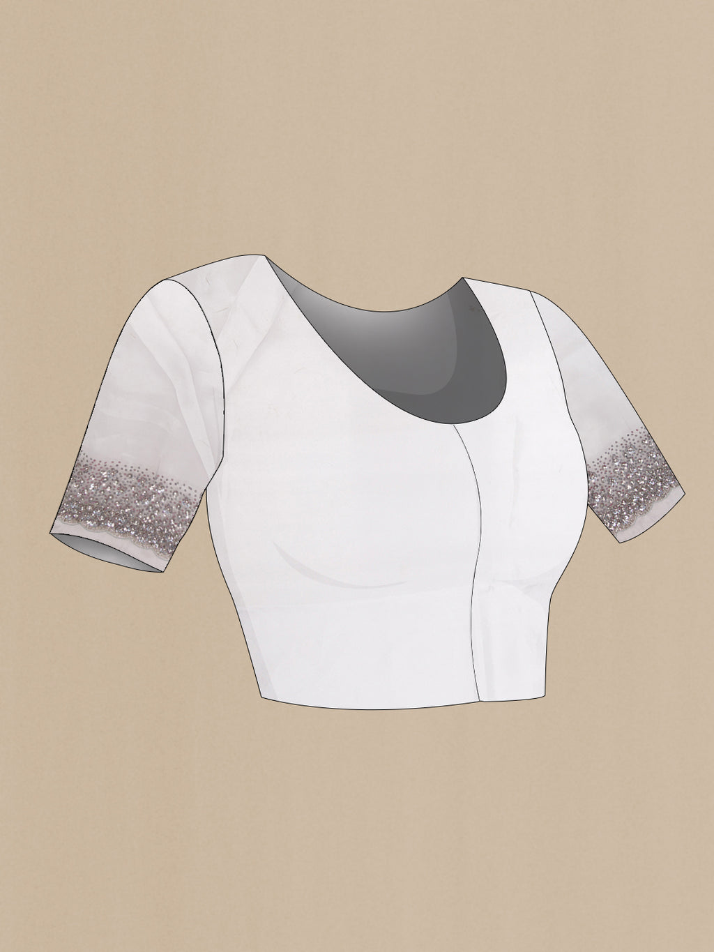 Close up image of the blouse of Grey Dual Tone Organza Silk Saree with Plain Body and Embroidery Border. 