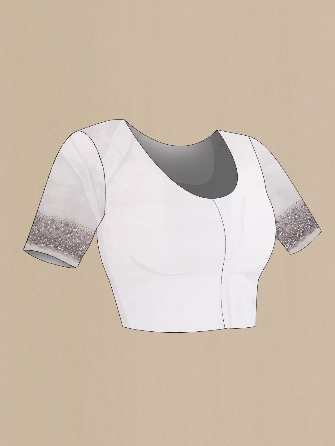Close up image of the blouse of Grey Dual Tone Organza Silk Saree with Plain Body and Embroidery Border. 