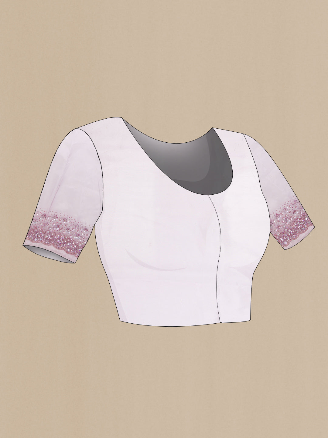 Close up image of the blouse of Lavender Dual Tone Organza Silk Saree with Plain Body and Embroidery Border. 