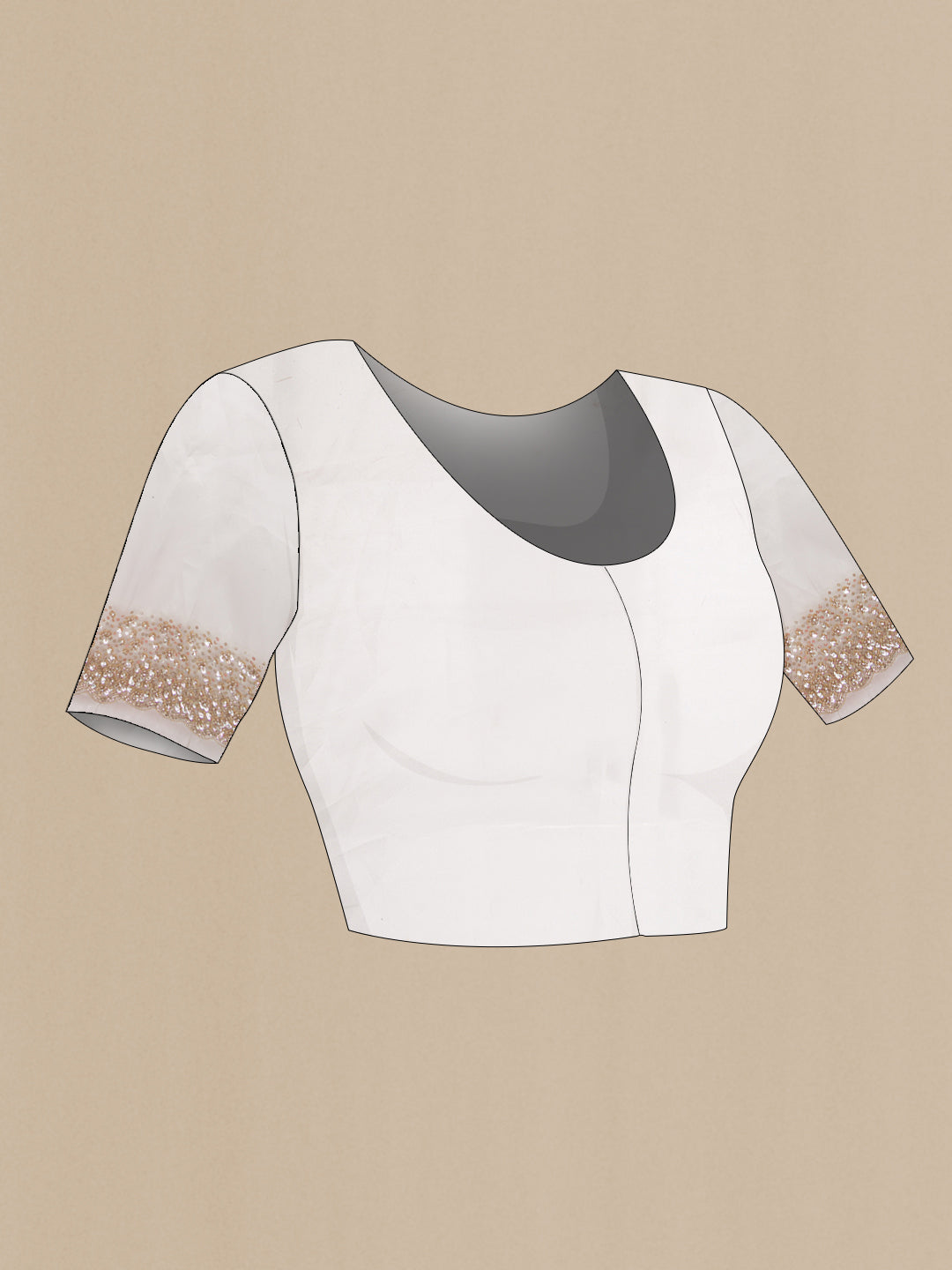 Close up image of the blouse of Beige Dual Tone Organza Silk Saree with Plain Body and Embroidery Border. 
