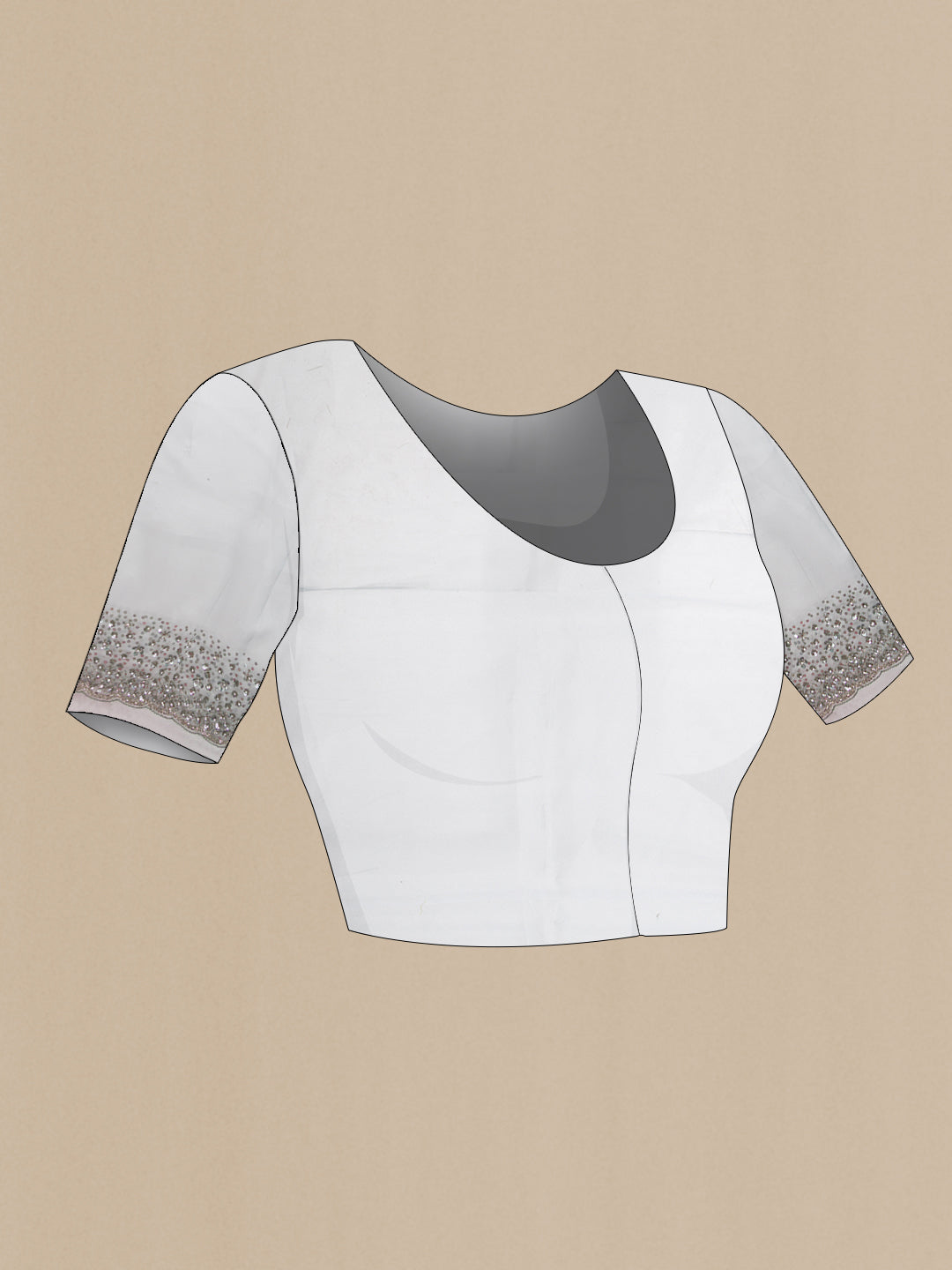 Close up image of the blouse of Grey Dual Tone Organza Silk Saree with Plain Body and Embroidery Border. 