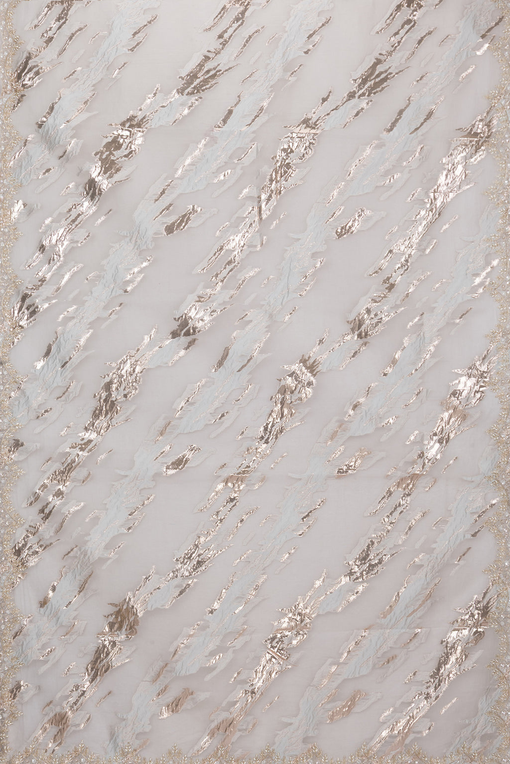 Flat view of Off White Organza Silk Saree with Zari Brocade on the body and Sequin Border. 