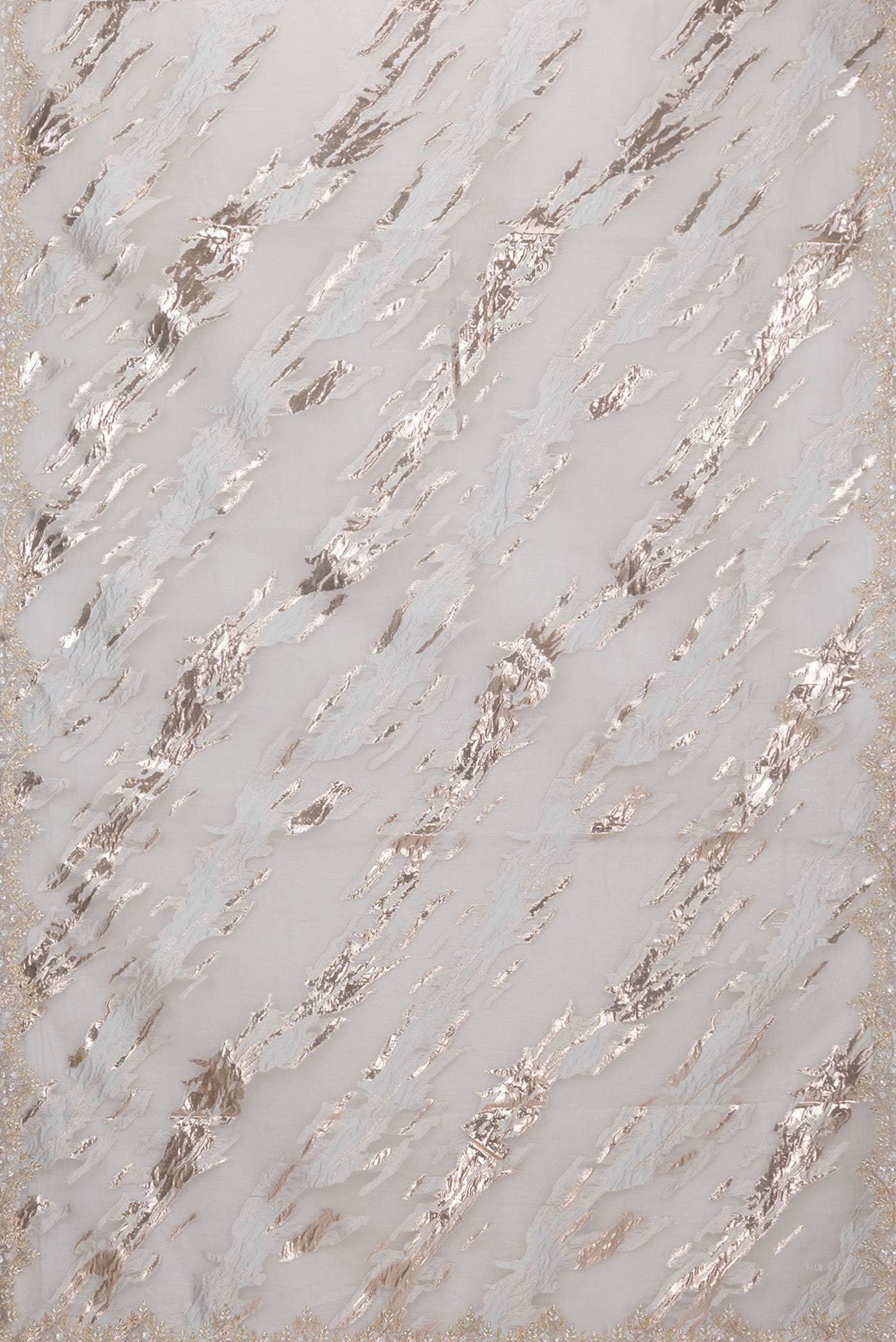 Flat view of Off White Organza Silk Saree with Zari Brocade on the body and Sequin Border. 