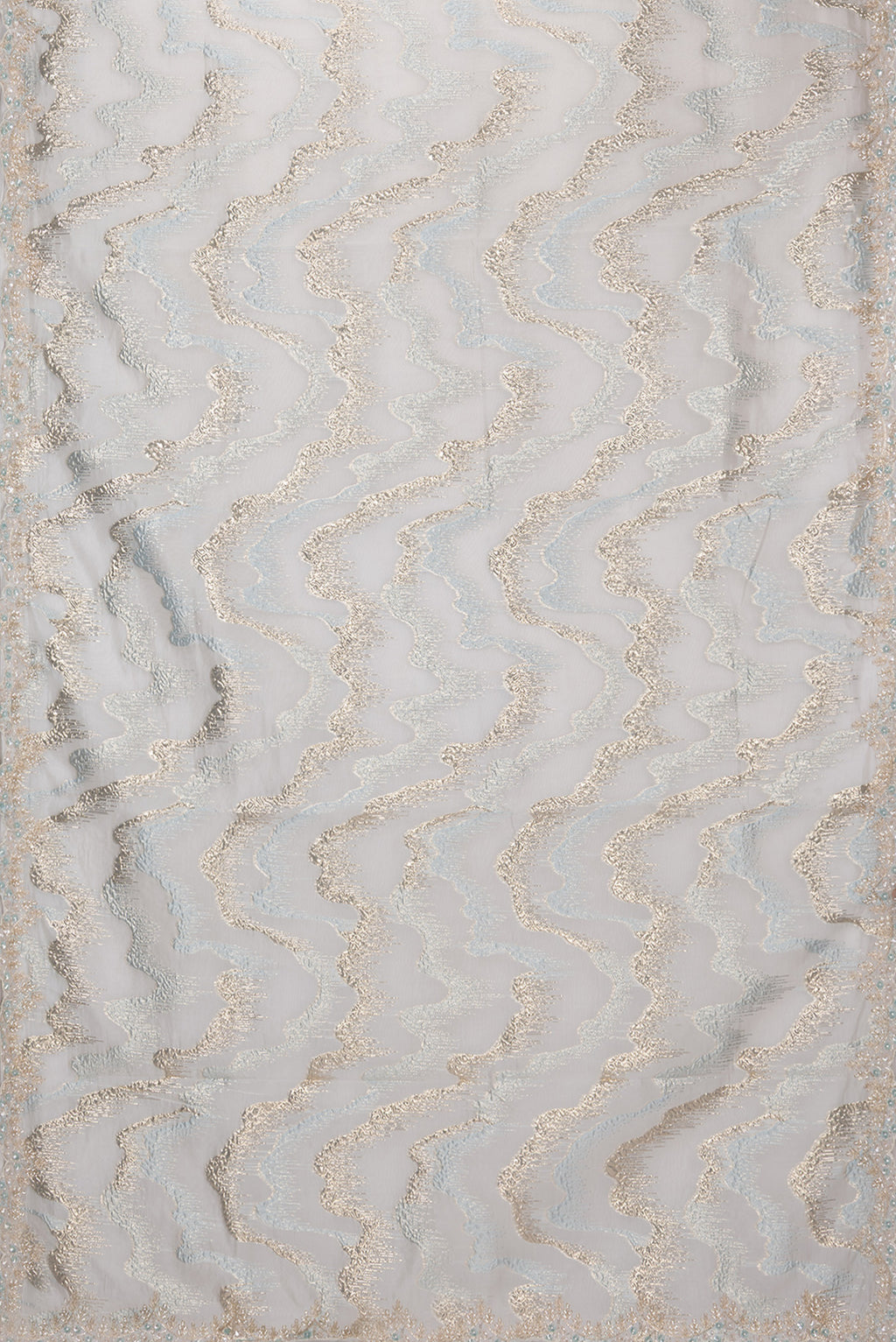 Flat view of Light Blue Organza Silk Saree with Zari Brocade on the body and Sequin Border. 
