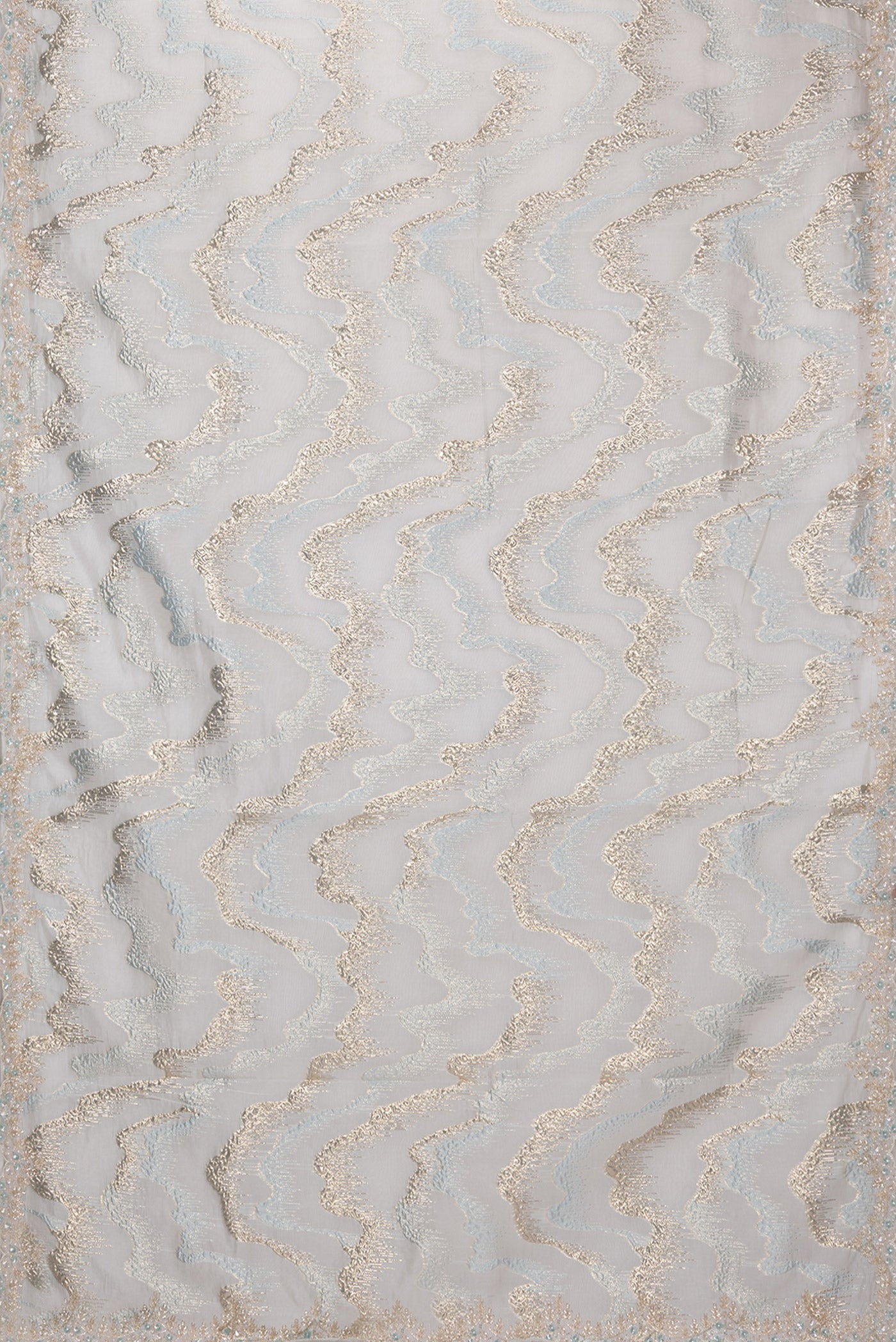 Flat view of Light Blue Organza Silk Saree with Zari Brocade on the body and Sequin Border. 