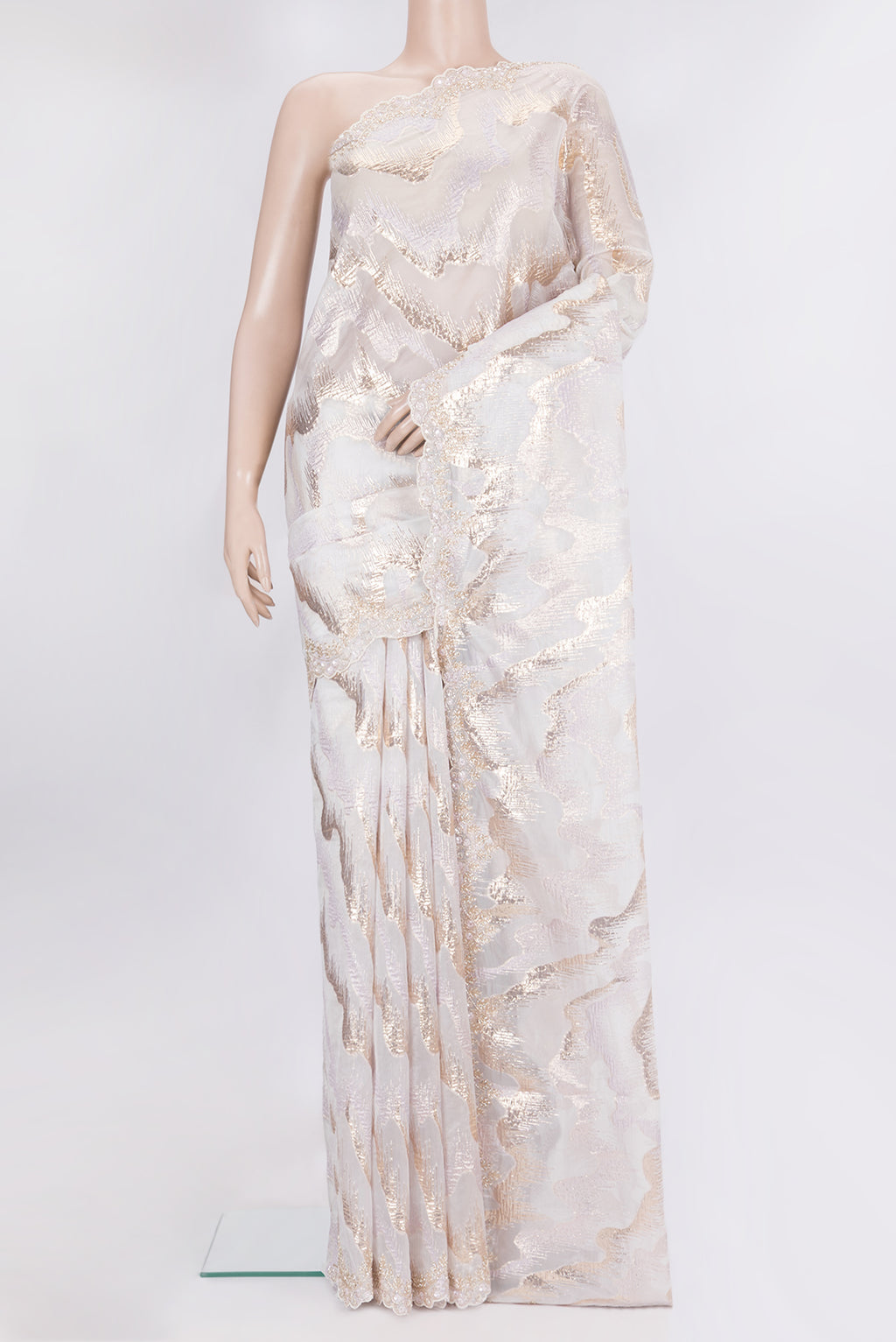 Pure Silk Lavender Organza Saree with Embroidery on the body and Embroidery Border.  displayed on a mannequin