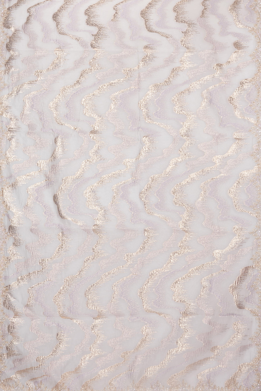 Flat view of Pure Silk Lavender Organza Saree with Embroidery on the body and Embroidery Border. 